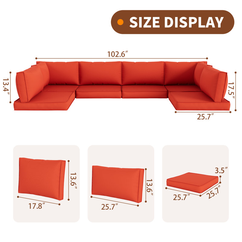 14-Piece Outdoor Sectional Cushions Set, Seat Cushions with Zippered Covers for Patio Furniture,  Orange