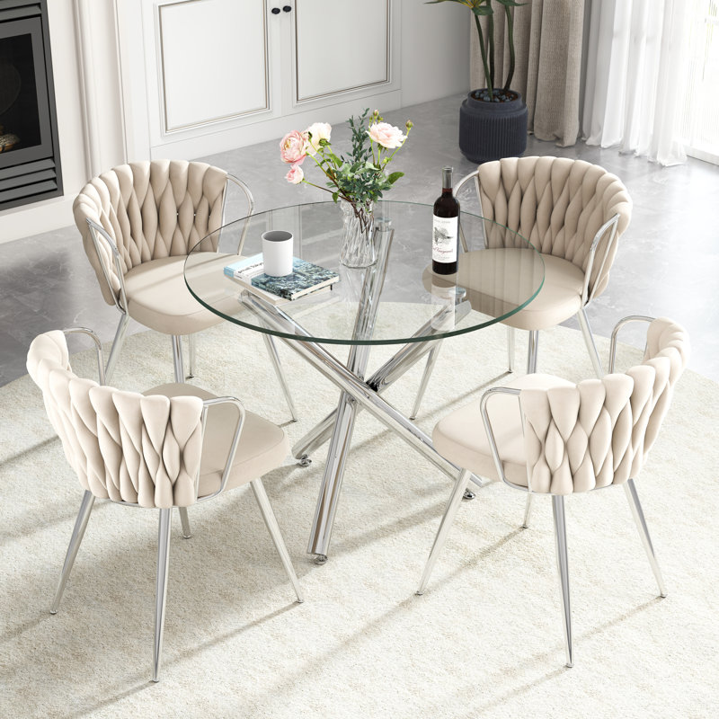Ensemble de table de salle à manger Elegant, Beige, 5 pièces: table, 4 chaises, Argent argent