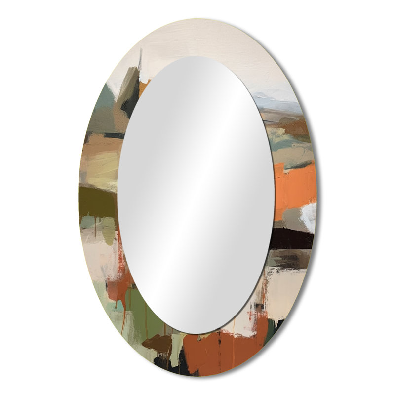 Green And Beige Transcending Reality III - Abstract Oval Decorative Mirror On Metal, 36" x 24"