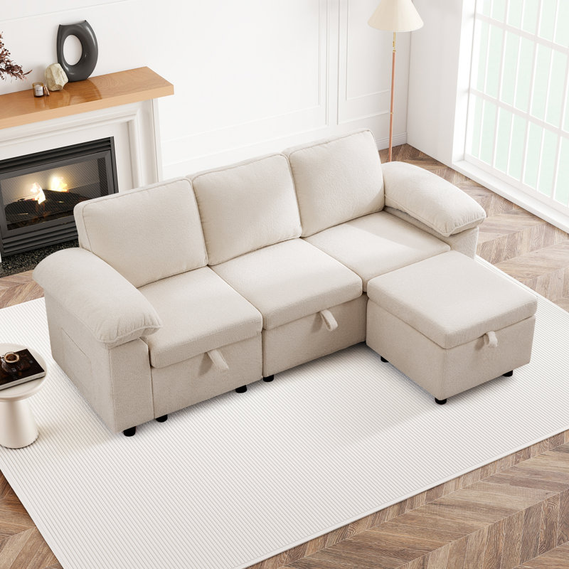 Waldorf 91.7" 3-Seat Sectional Sofa with Ottoman and Built-In Storage, Beige