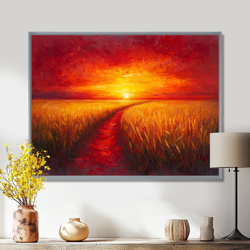Coucher de soleil sur le champ de blé IV - campagne grand art mural, H 12 po x l 20 po, Cadre flottant, Argent argent