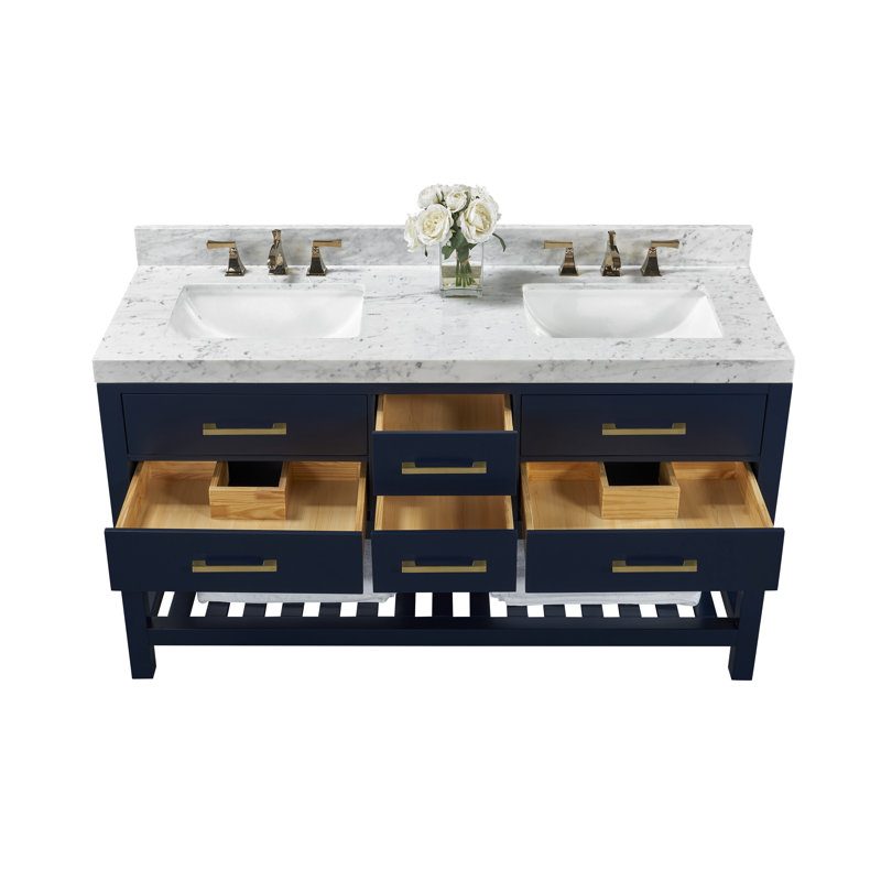 Ensemble de meuble-lavabo double 60 po Carrie, Bleu héritage / or brossé, Marbre blanc de Carrare