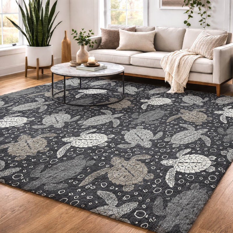 Premium Machine Washable Dream Shag ADS192 Turtles Rug, 8' x 10', Midnight