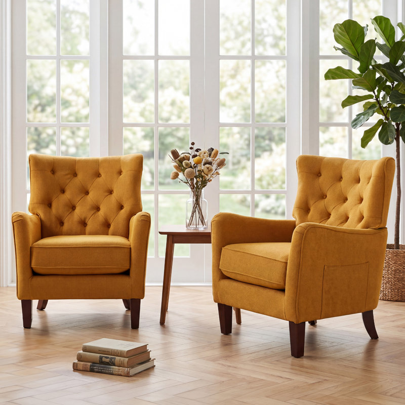 Button-Tufted Horn-Back Armchair, Accent Chair with Padded Cushion, Side Pocket and Solid Wood Legs (Set of 2), Yellow