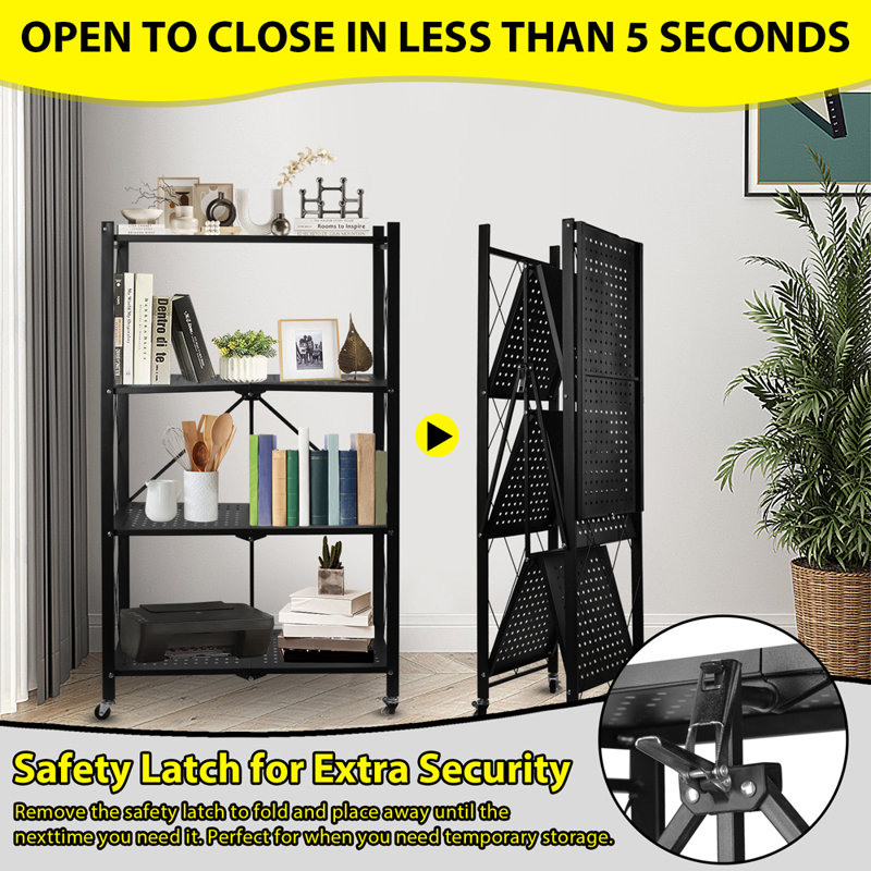 4-Tier Foldable Metal Shelving Unit with Wheels
