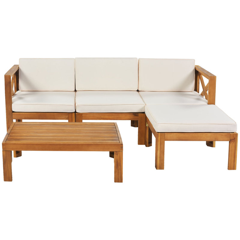 Outdoor Backyard Patio Wood 5-Piece Sectional Sofa Seating Group Set With Cushions, Cushions, Gray