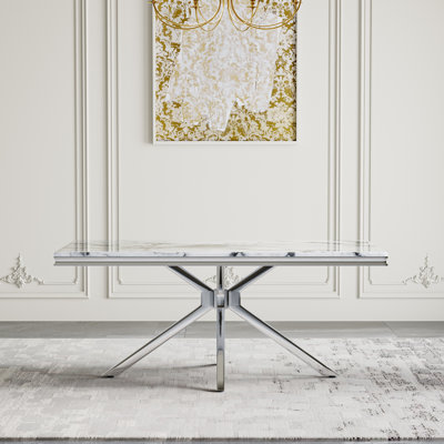 7-Piece Modern Dining Table Set, 70" Rectangular Marble-Inspired Table with 6 Velvet Upholstered Nailhead Trim Dining Chairs
