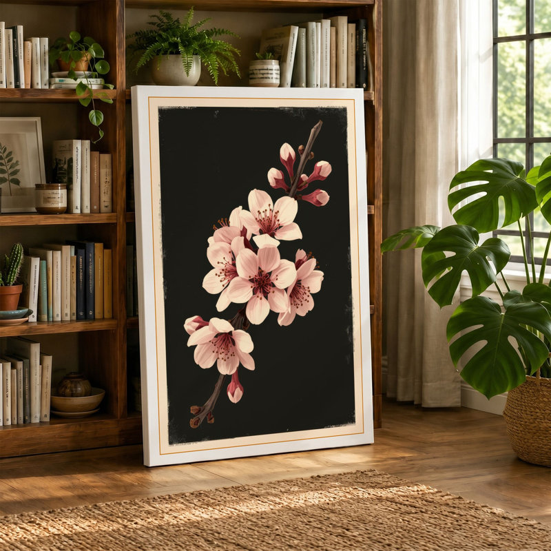 Moonlit Cherry Blossom Botanical - Wrapped Canvas, 18x12 - 45.7 x 30.5 cm, Ochre Border