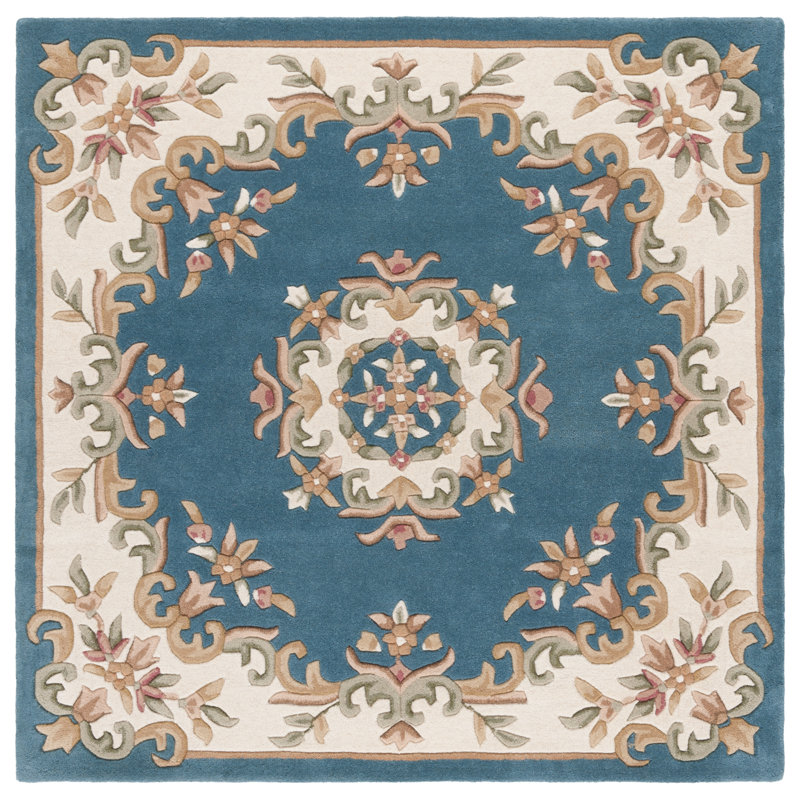 Albreda Tufted Wool/Cotton Performance Oriental Rug in Blue/Ivory, Square 6'