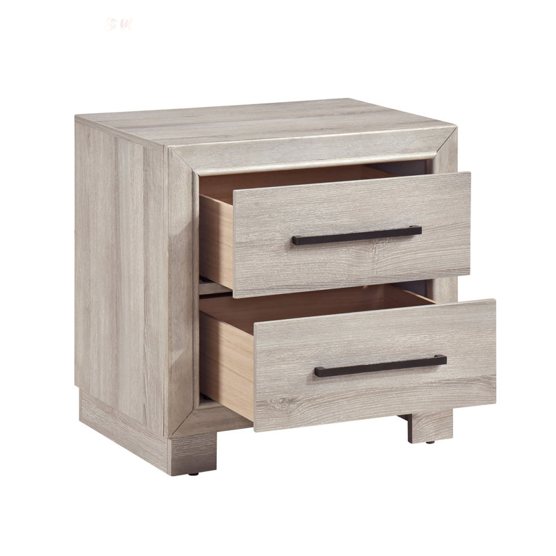 Table de chevet moderne à deux tiroirs avec fabrication en bois durable et poignées en laiton antique, parfaite pour le rangement élégant dans la chambre à coucher