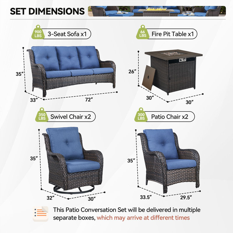 Wendye 6-Piece Wicker Patio Furniture Set With Rattan Chairs, Fire Pit & Sofa, Brown, Blue