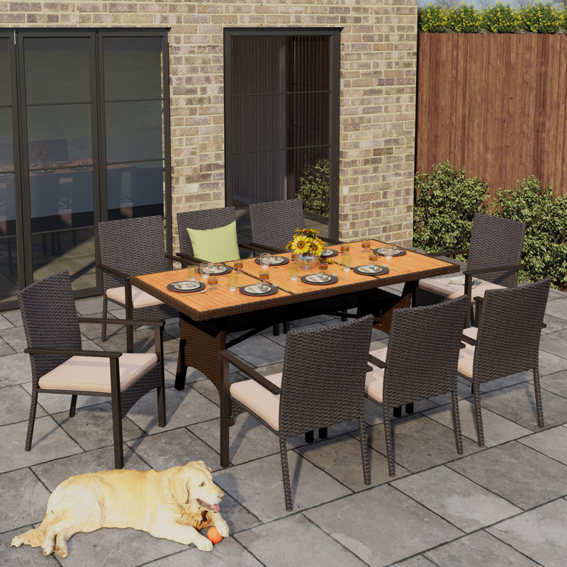 Ensemble repas pour 8 personnes avec table rectangulaire en osier et coussins inclus, Beige, 8