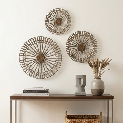 Set of 3 Jennings Metal Disc Wall Decor - Intricate Details, Gold Finish, Shield-Like Shape