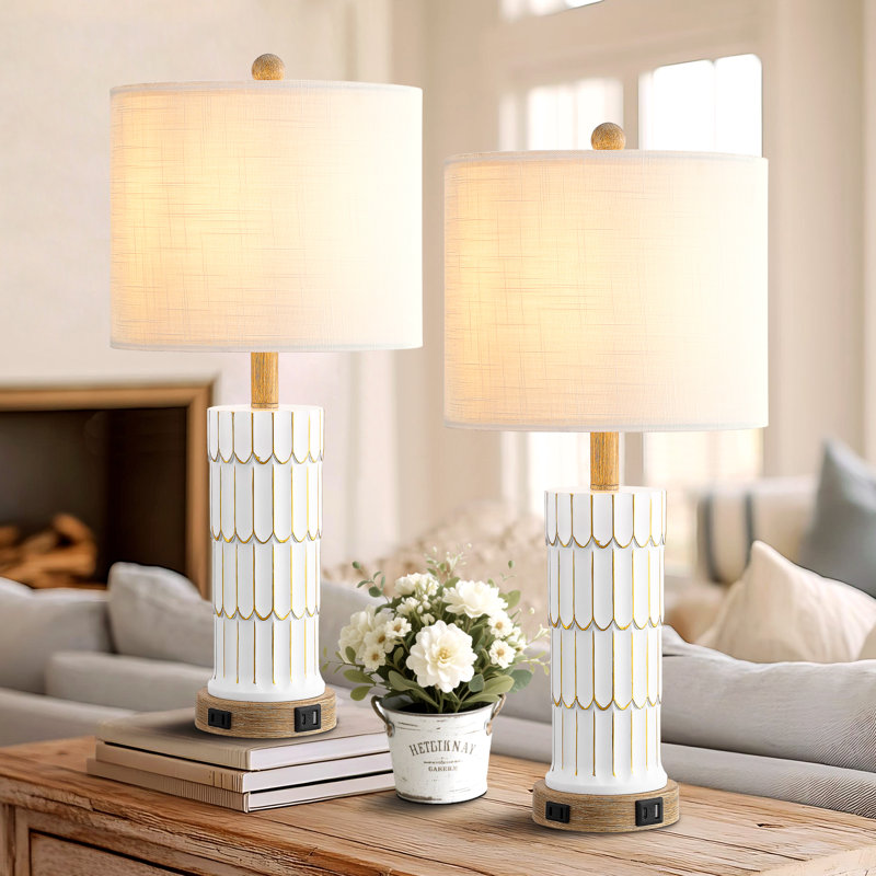 Ensemble de lampe de table en résine 25 po avec port USB, ports de type C et prise de courant CA, Ivoire ivoire, Blanc