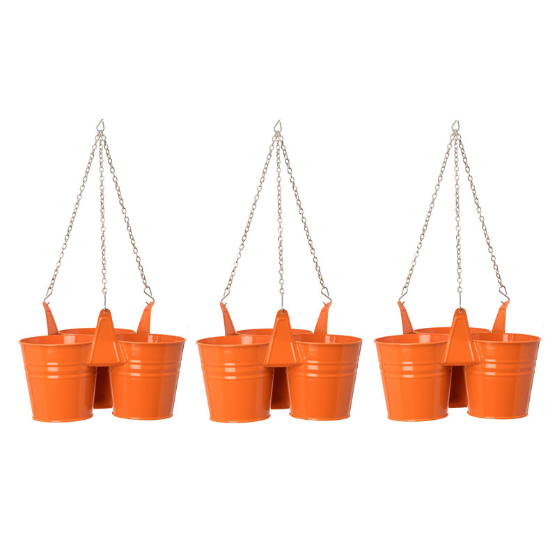 Enameled Galvanized Steel Triple Hanging Planter, Orange