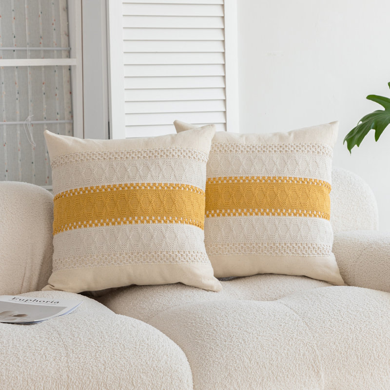 Barossa Design Boho Embroidered Geometric Cotton Blend Pillow Cover, Rectangle 12"H x 20"W, Yellow