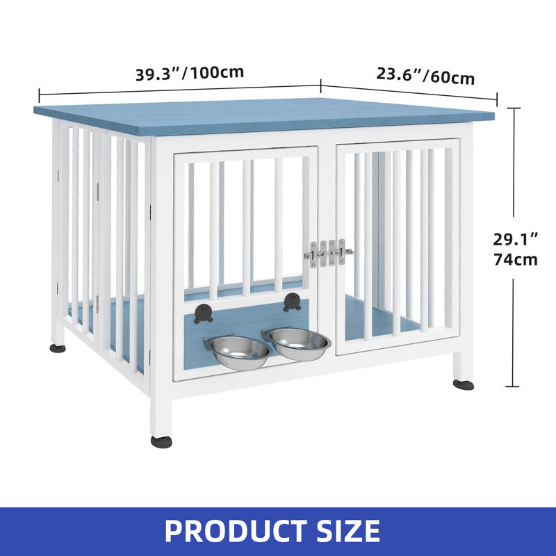 Foldable Pet Crate End Table, 29.1" H x 39.3" W x 23.6" D, White/Blue