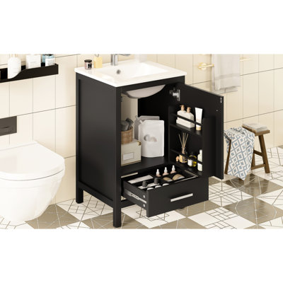 Meuble-lavabo de 20 pouces avec assemblage facile, lavabo en céramique et tiroir à fermeture en douceur pour une installation rapide