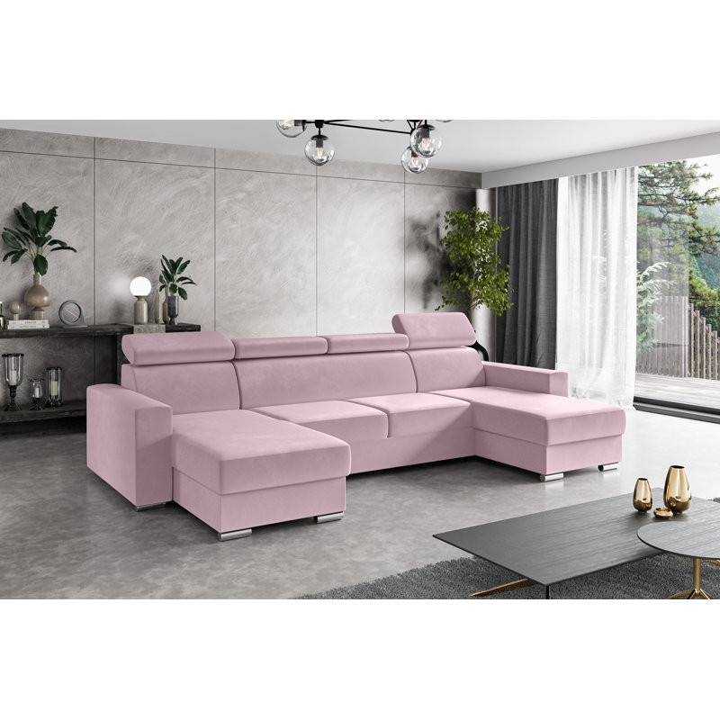 Corner sofa with sleep function and bed box FOX, Pink polyester