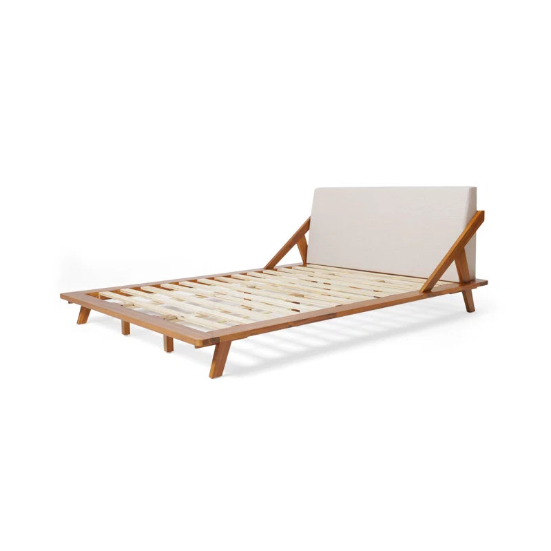 Grand lit plateforme tapissier moderne avec structure en bois, beige