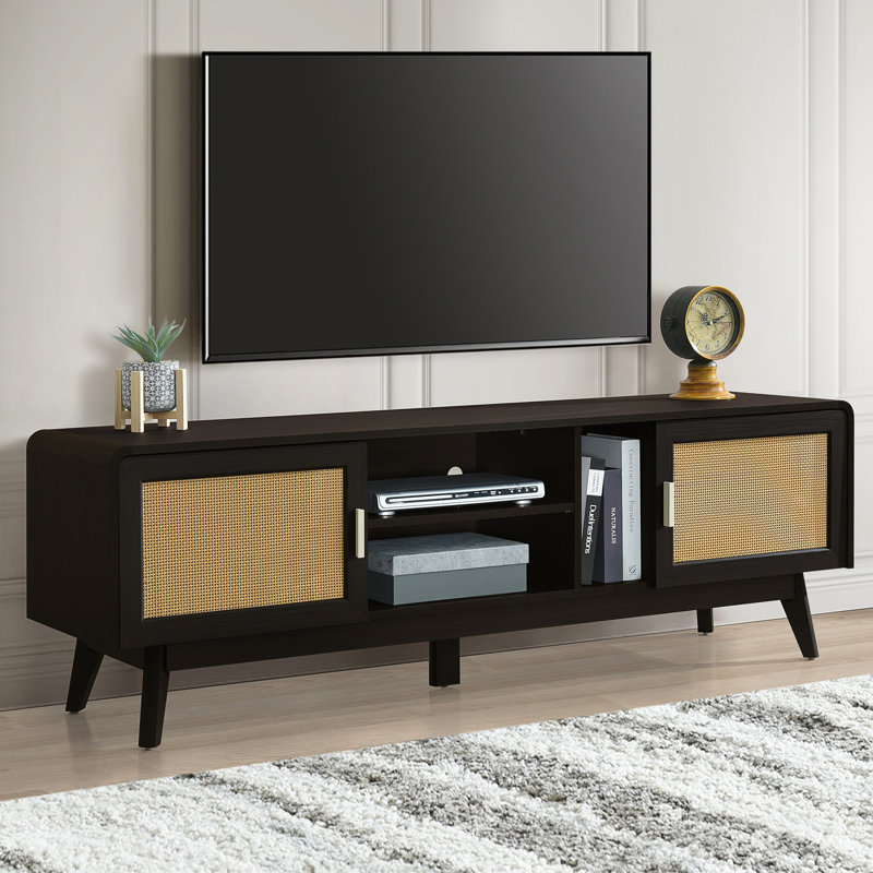 Meuble télé 63 po en rotin foncé avec 2 armoires de rangement pour téléviseur de 65 po