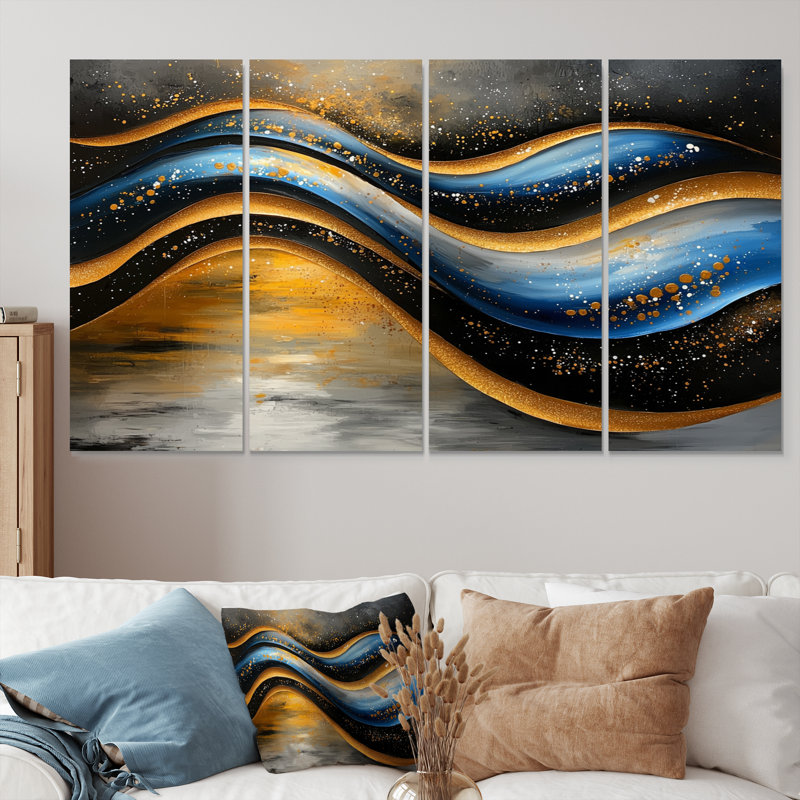 Vague dorée dorée optique - art mural bleu - décoration murale moderne, 4, H 32 po x l 64 po