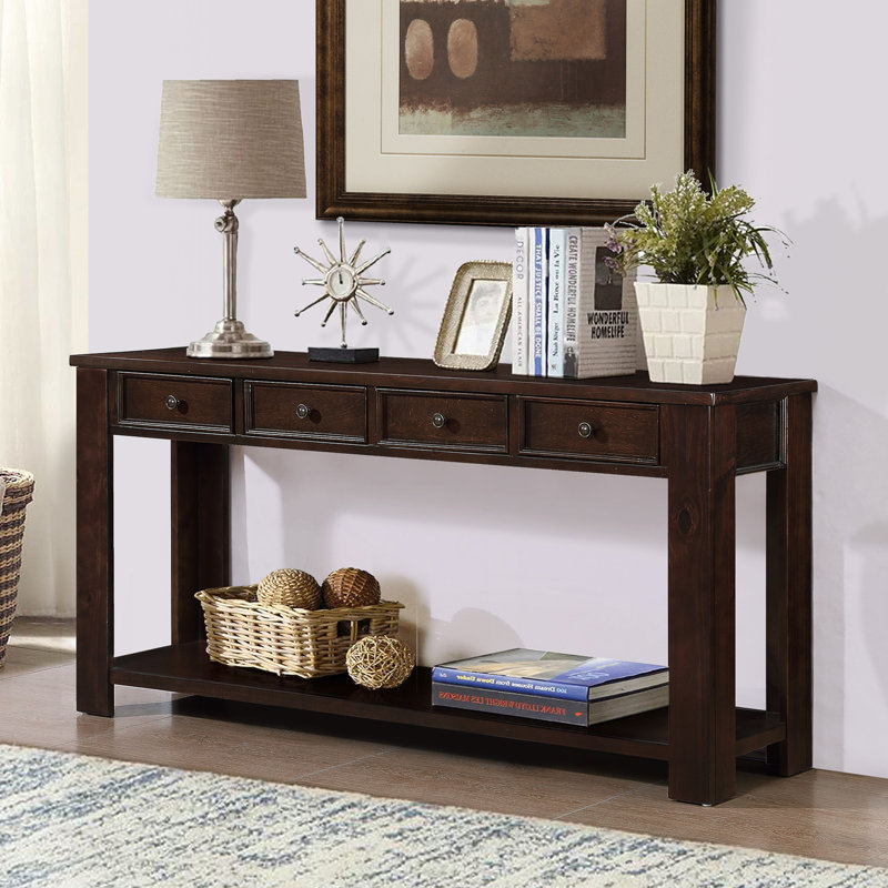Console en bois de pin de 63 po avec 4 tiroirs et 1 tablette inférieure pour le couloir d'entrée