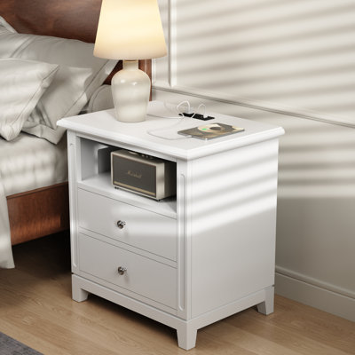 Table de chevet 2 tiroirs en bois massif avec rangement et tablette ouverte, 2 prises de courant intégrées, 1 port USB et 1 port de type C (ensemble de 2)