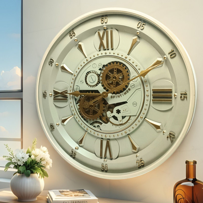 Horloge murale avec engrenages en mouvement réel The Gear Gear IR-LI_ 24 po ronde «Limerick» laiton