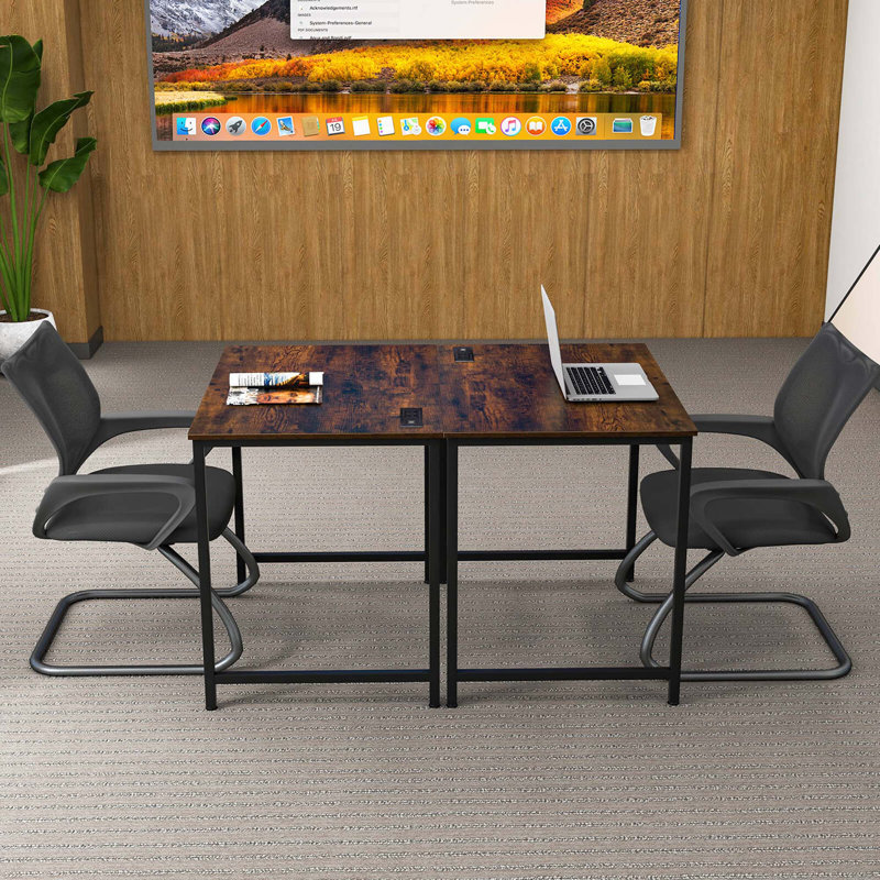  32" Meeting Room Desk Set Of 2 With Charging Station & Headphone Hook Metal Frame Brown