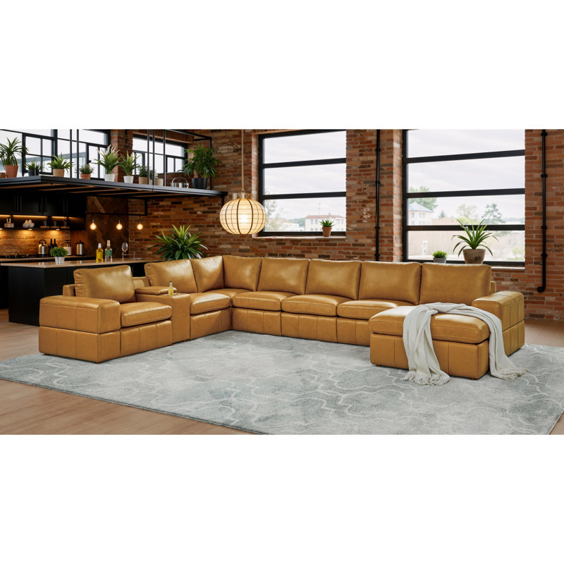 Canapé modulaire à large accoudoirs en cuir assorti, Ginger