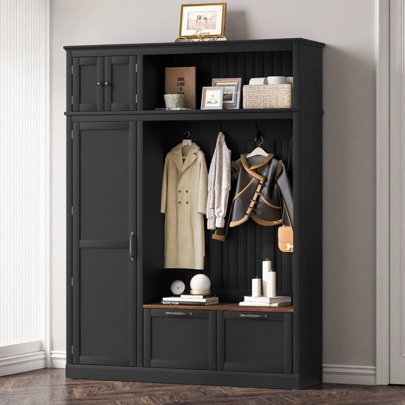 3-in-1 Hall Tree with Overhead Storage Cabinet & Adjustable Shelves | Entryway Coat Rack with 4 Heavy-Duty Hooks, 2 Drawers & Contrasting Bench | Grooved Back Panel Design | Multifunctional Organizer for Mudroom, Hallway, or Living Room
