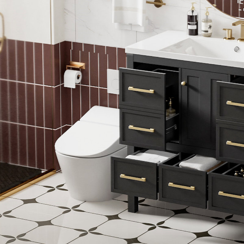Ensemble de meuble-lavabo 36 po avec lavabo en résine, armoire de rangement en bois massif, ensemble de meuble-lavabo autoportant avec 5 tiroirs et portes à fermeture douce