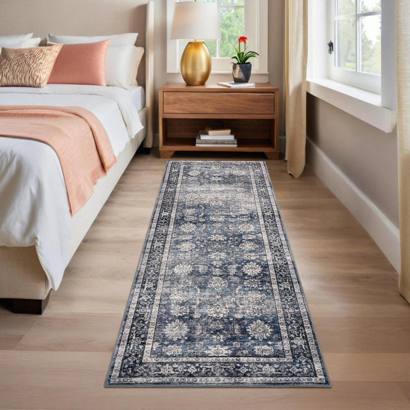 Tapis à motif oriental rétro pour le salon, le bureau et la chambre à coucher, Blue, Runner 2'6" x 8'