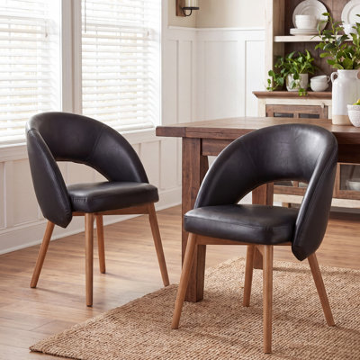 Chaises de salle à manger Aurevo de style moderne du milieu du siècle, revêtues de cuir noir, avec dossier incurvé et pieds en bois massif. Chaises de cuisine rétro pour salle à manger ou restaurant. Montage facile.