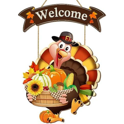 Décoration de porte « Bienvenue à Thanksgiving » avec dinde, couronne en bois à suspendre à la porte d'entrée, panneau rustique « Thanksgiving » avec tournesols et citrouilles pour la fête de Thanksgiving.