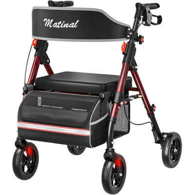 Déambulateur pliable avec siège pour personnes âgées Matinal, capacité de 350 lb, grandes roues de 8 po, hauteur à 6 positions, déambulateur hybride de qualité supérieure - aluminium et acier au carbone