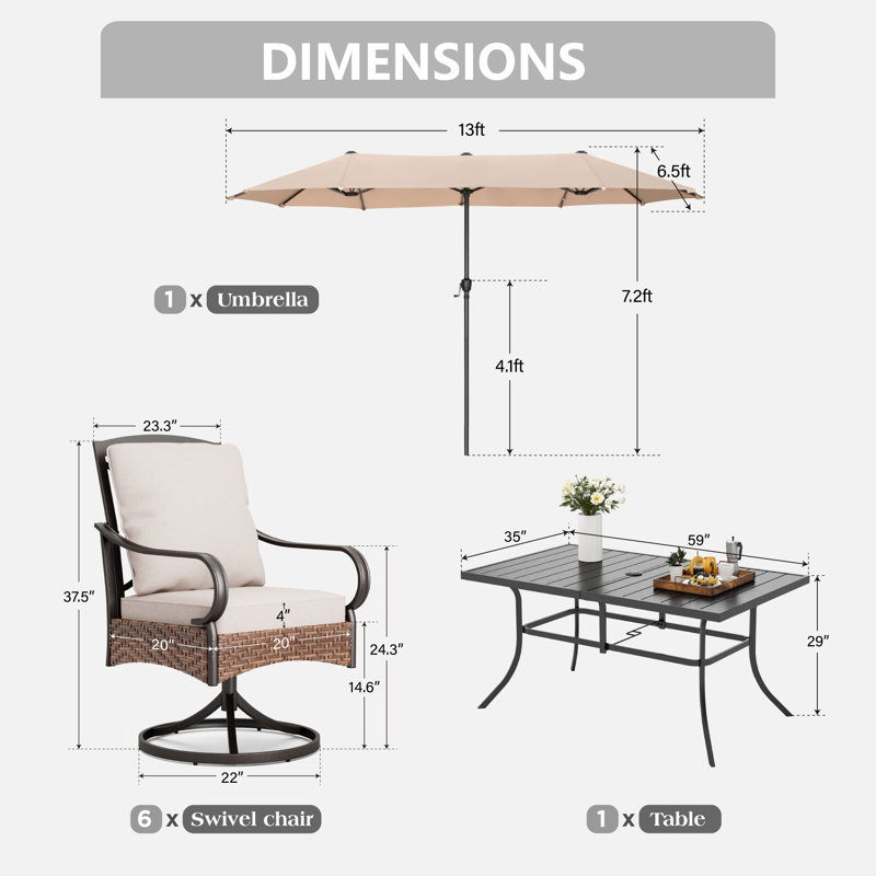 Ensemble de salle à manger rectangulaire pour 6 personnes de 60 po avec coussins et parasol Leonard, Beige