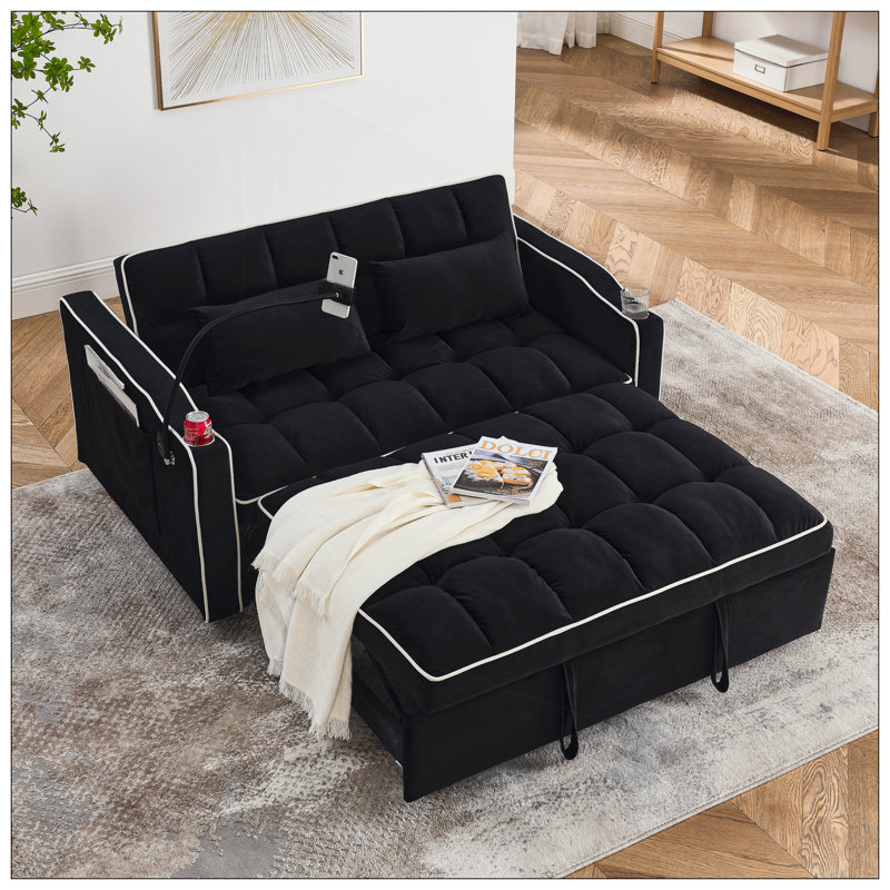 Canapé-lit pliable polyvalent de 55,51 pouces en 3 longueurs, canapé-lit moderne, canapé-lit en velours, dossier réglable, port USB, cendrier et support pour téléphone pivotant