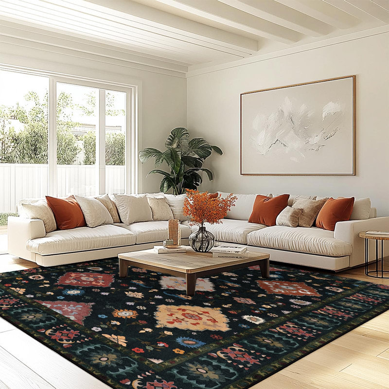 Indoor&Outdoor Washable Area Rug Black Gorgeous flowers Vintage Low Pile Rug for Living Room Bedroom Wedding Banquet