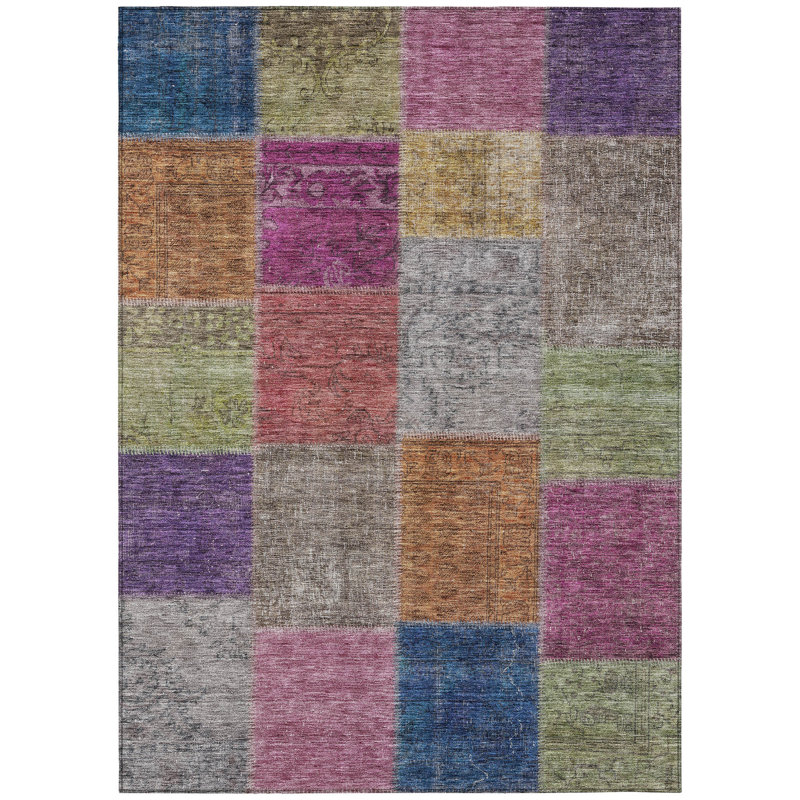 Tapis d'extérieur lavable en patchwork 8 pi x 10 pi bleu marine et doré