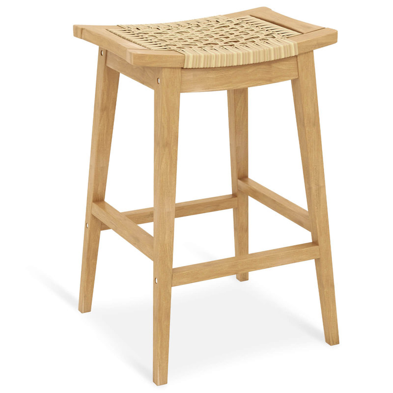 1 Pcs 29" Teak Wood Bar Stool With Footrest & Saddle Seat Boho Bar Height Stool, 1