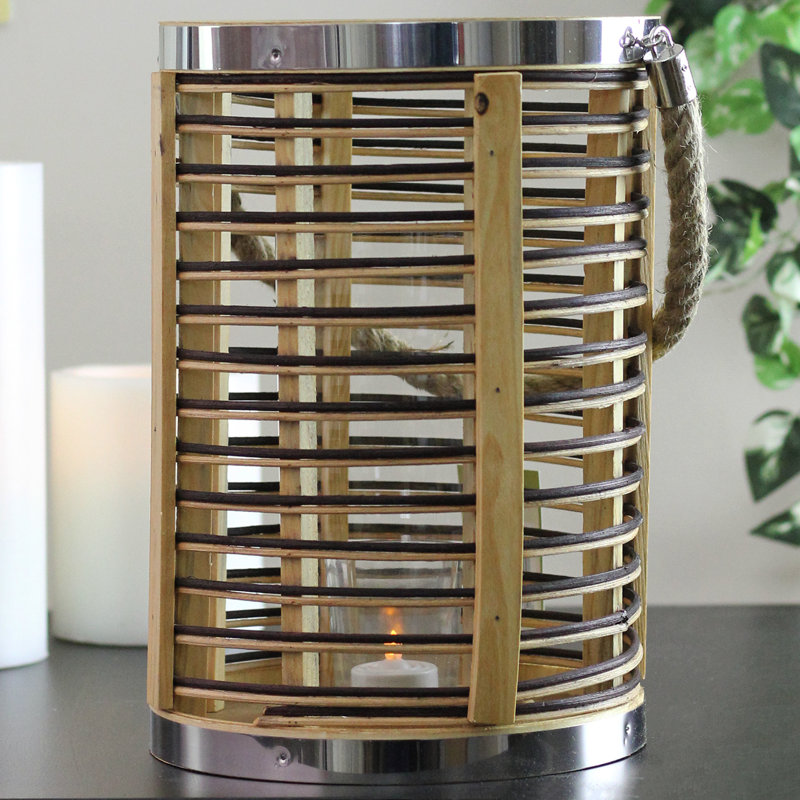Rustic Chic Cylinderical Rattan Decorative Candle Holder Lantern with Jute Handle, 11.5" H x 8" W x 8" D