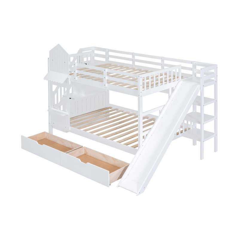Lit superposé de style château double avec 2 tiroirs, 3 tablettes et glissière - blanc