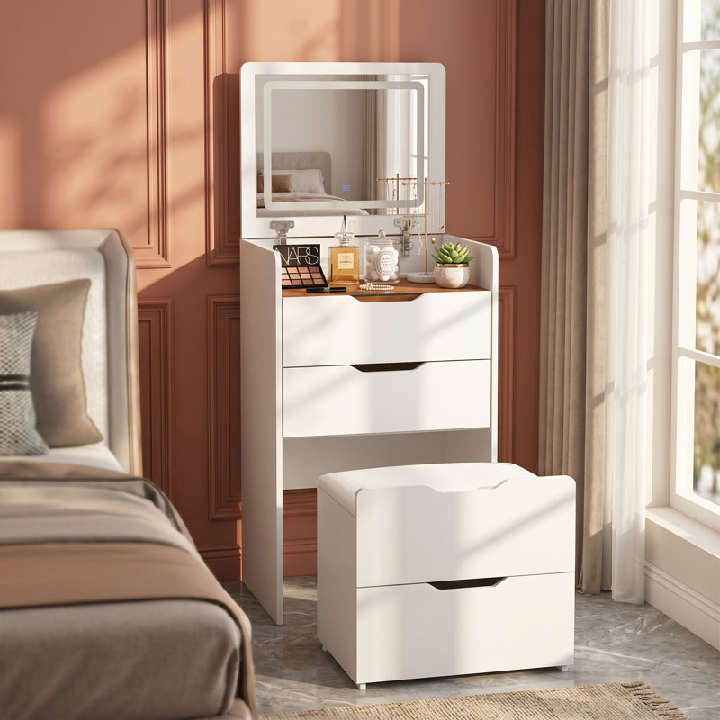 Meuble-lavabo de 18,9 po de largeur avec tabouret de rangement, miroir éclairé et 3 tiroirs Shiona