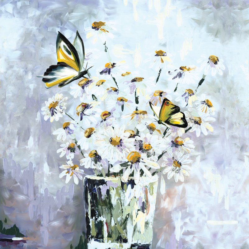 Daisies And Butterflies - Wrapped Canvas Painting, 30cm H x 30cm W