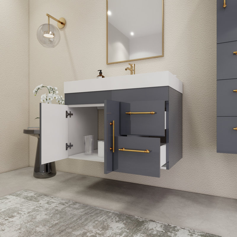 Ensemble de meuble-lavabo simple mural 35,4 ", Gris brillant