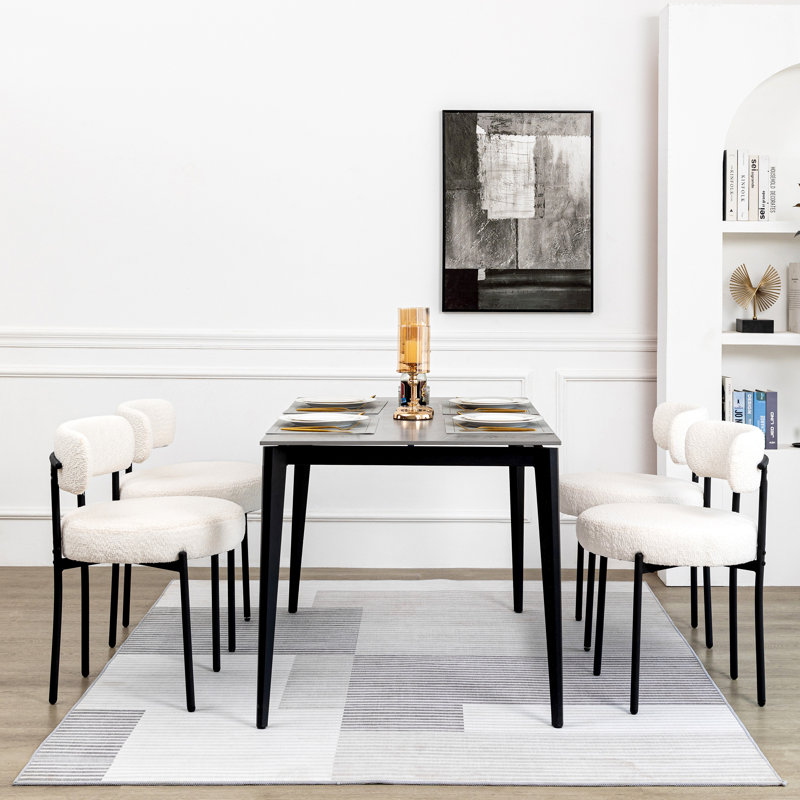 Sherpa Upholstered Metal Dining Chairs, Ivory, 4