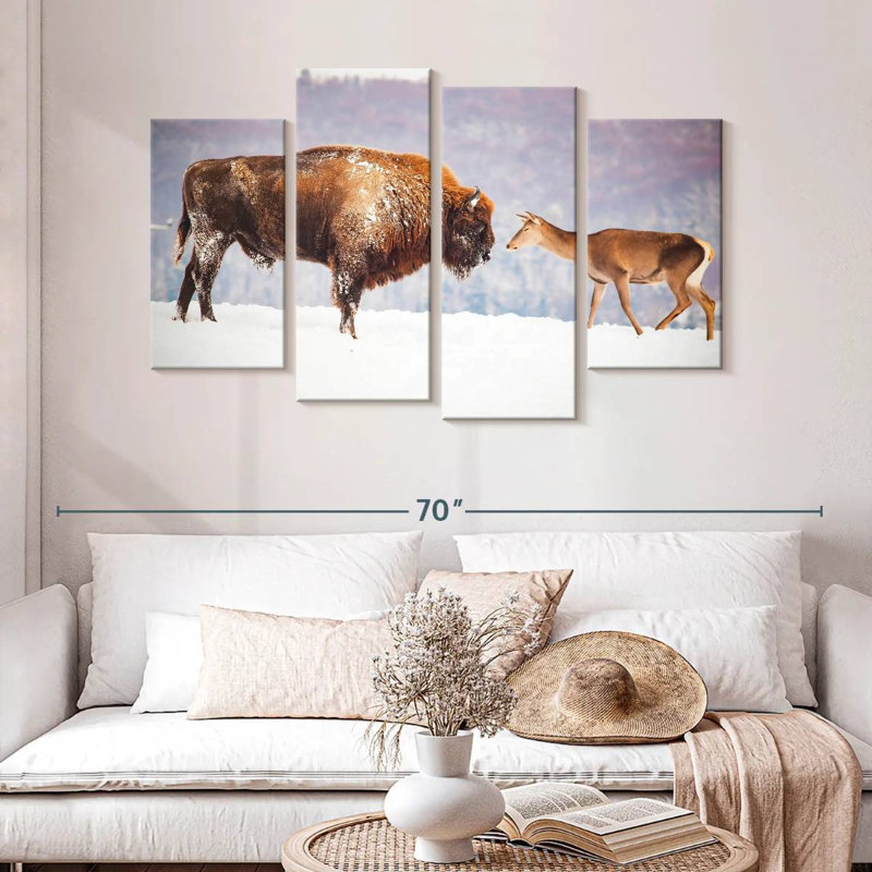 Bison et cerf en hiver, H 32 po x l 52 po