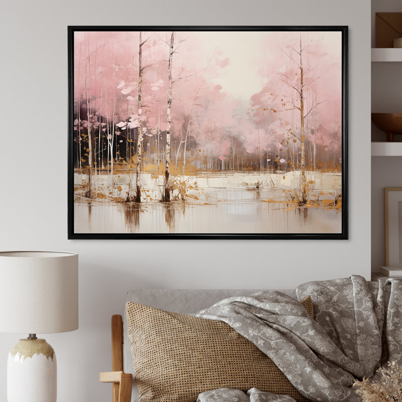 «Minimalisme rose et forêt dorée I», art sur toile, H 24 po x l 32 po x P 1 po, Cadre flottant noir